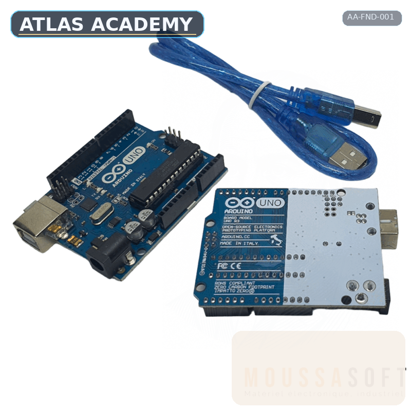 Brand-free studio visualization of Arduino Uno R3 with USB Cable