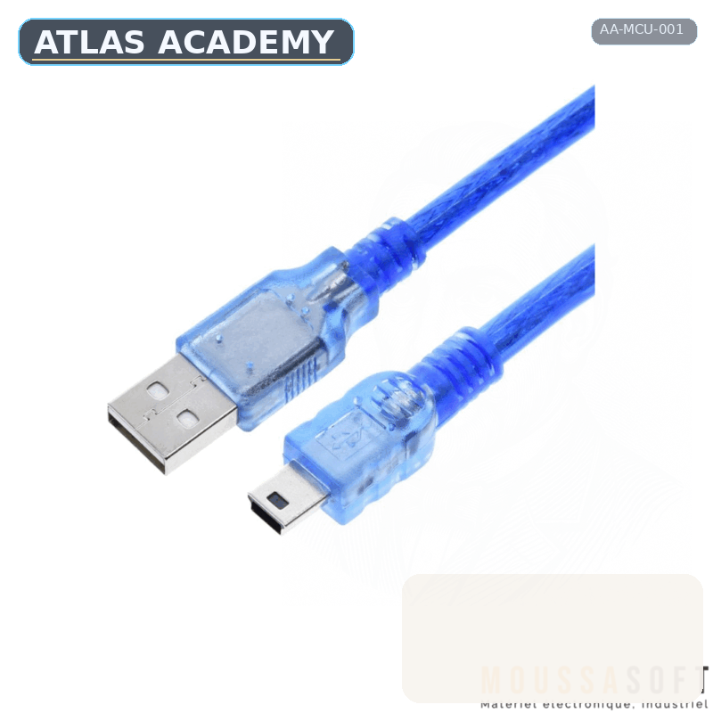 Brand-free studio visualization of Arduino Nano with USB Cable