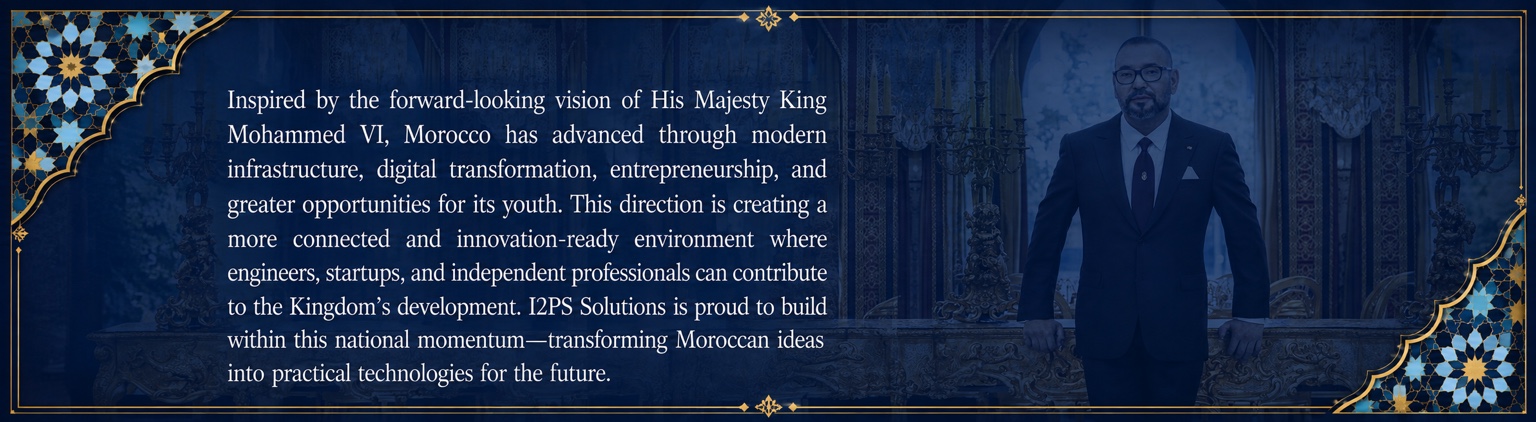 I2PS Solutions statement inspired by Morocco's national development vision, presented with a refined Moroccan royal and zellige visual.